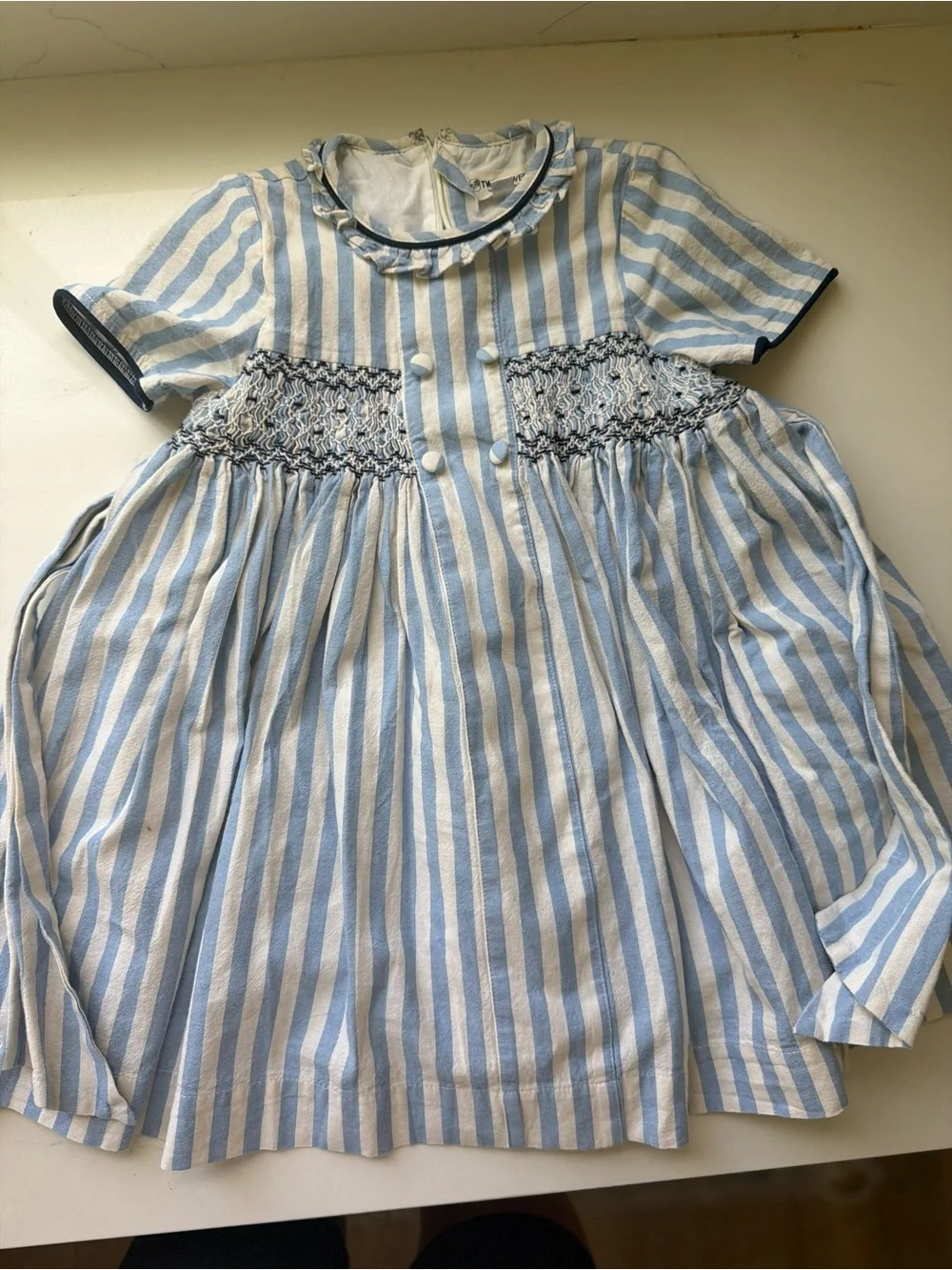 Girls Blue & White Striped Smocked Dress Top